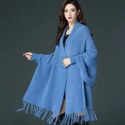 秋冬带袖子的披肩外套女仿水貂绒毛衣中长款开衫旗袍外搭披风斗篷