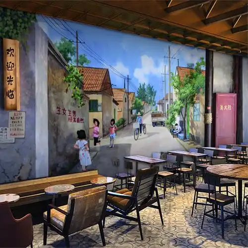 3d复古怀旧80年代马路边边壁纸串串香烧烤火锅墙纸餐厅饭店5d壁画