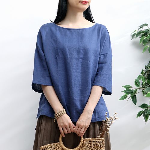 春夏季中袖亚麻上衣女新款高端棉麻女装宽松大码苎麻小衫文艺复古