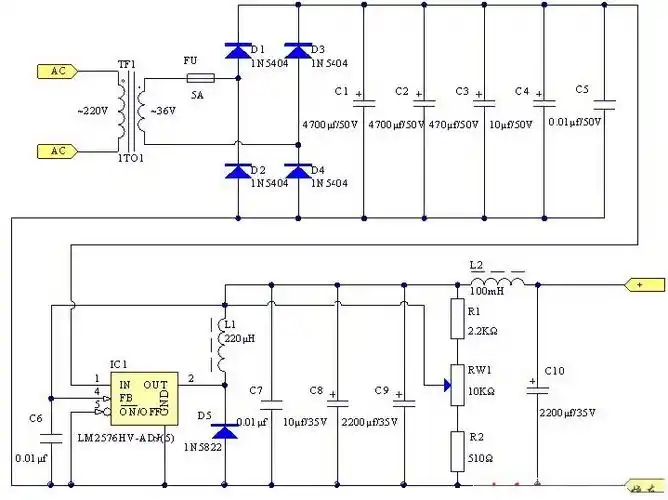 下图为:1.5v~30v 3a可调式开关电源电路原理图.