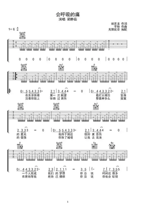 梁静茹 会呼吸的痛 吉他谱 g调指法g调六线吉他谱-虫虫吉他谱免费下载