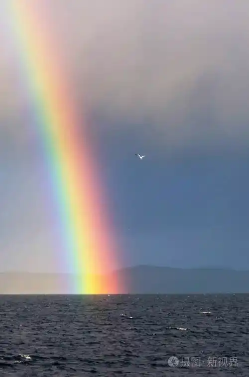 夕阳下的海面上的彩虹