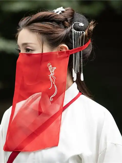 女面纱扶摇同款面纱新款古装蒙面面纱古风配饰遮脸纱巾红色均码面纱