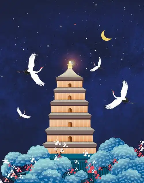 西安地标景点大雁塔夜景插画
