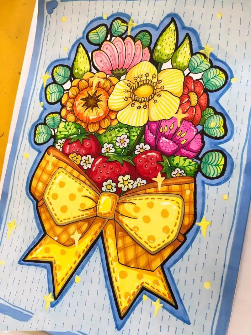 彩色花束插画作品 儿童画花朵素材练习 马克笔花卉插画作品欣赏 本人