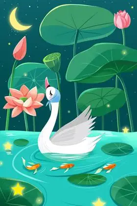 夏天节气夜晚天鹅萤火虫插画图片