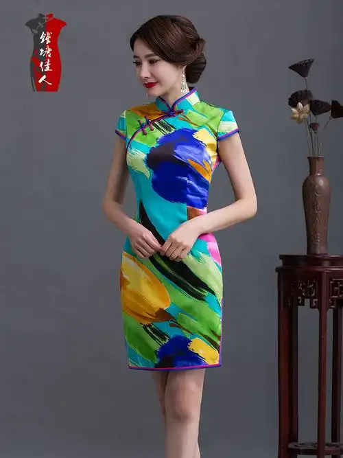 钱塘佳人重磅真丝桑蚕蚕丝长款手工旗袍复古修身旗袍