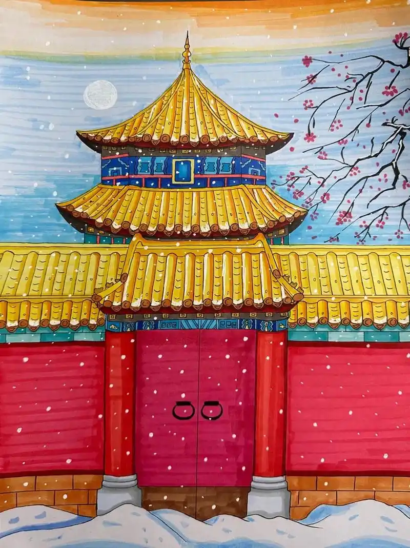 故宫绘画.#新年主题画 #一起学画画 #画画 #小学生手抄报 - 抖音