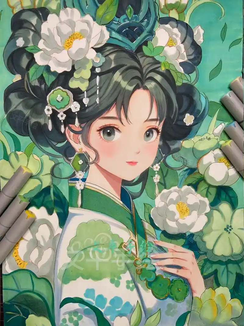 清新色调国风马克笔手绘漫画女孩分享,喜欢的伙伴一起画起来#马 - 抖