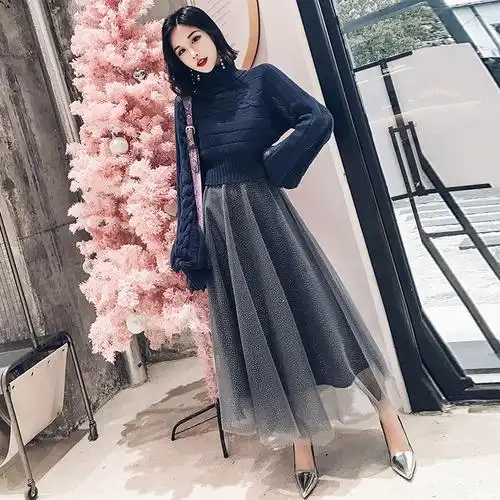 高腰网纱半身裙女中长款2018春装新款韩版百搭时尚半身长裙百褶裙蓝色