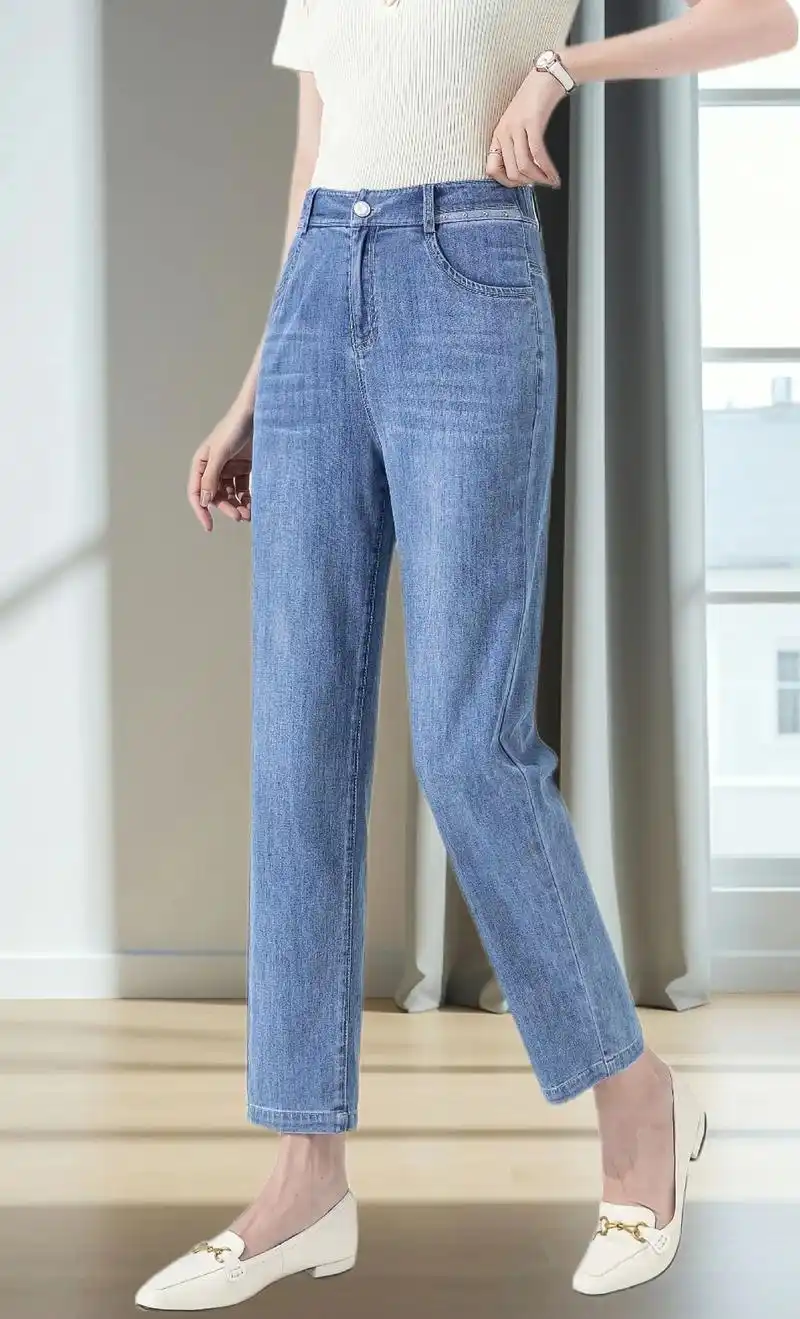 夏季薄款天丝牛仔裤 高腰显夏九分哈伦裤