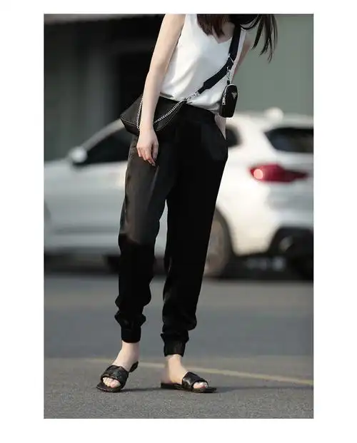 品质精选官方旗舰店黑色裤子女夏季薄款冰丝束脚裤雪纺宽松缎面小脚裤