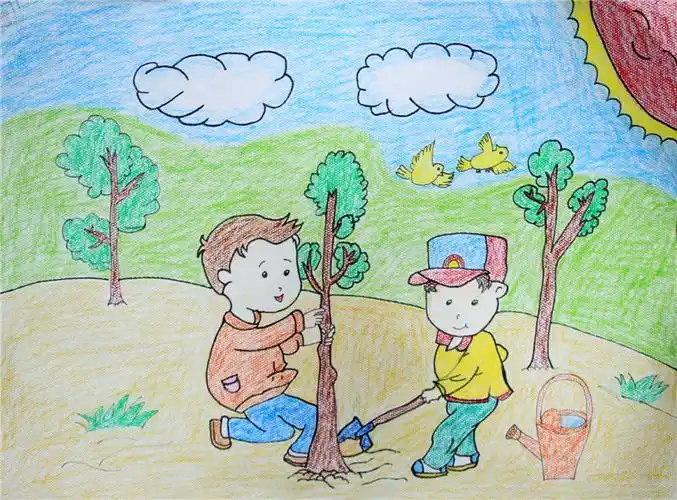 《植树》少儿组 马嘉敏 指导老师:杨艳_府谷县第二届少儿书画,剪纸