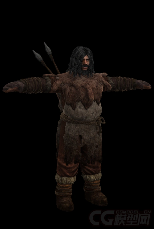 古代穿兽皮的原始人男性带头发与胡子