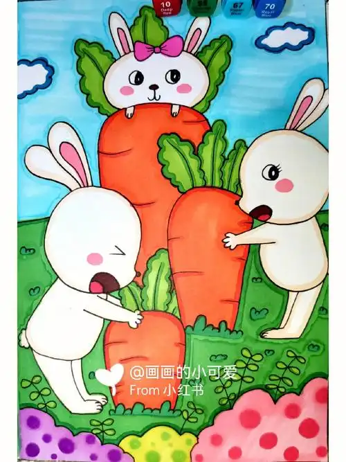 小兔子拔胡萝卜创意儿童画简笔画卡通