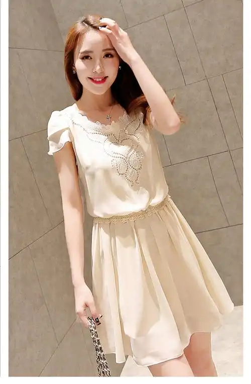 2015夏装新款韩版连衣裙修身显瘦雪纺短裙纯色镂空连衣裙a2351