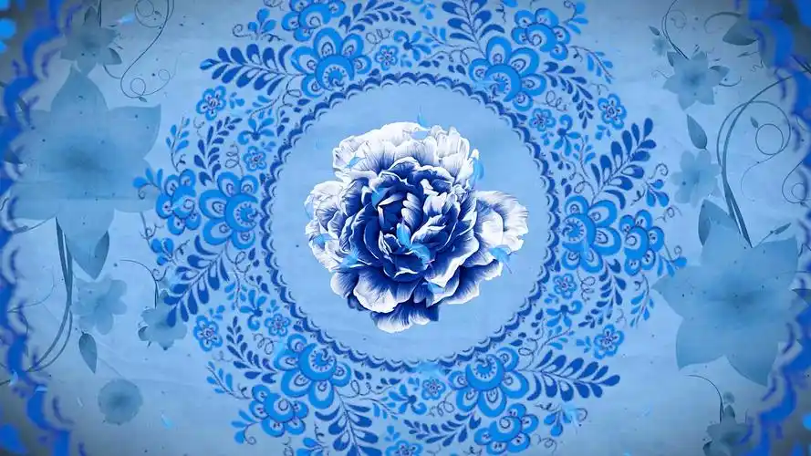 4k蓝色水墨青花瓷背景视频桃花古风桃花背景