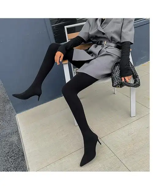 长筒靴女过膝高跟细跟弹力袜子靴过膝长靴女超长针织弹力连身一体踩脚