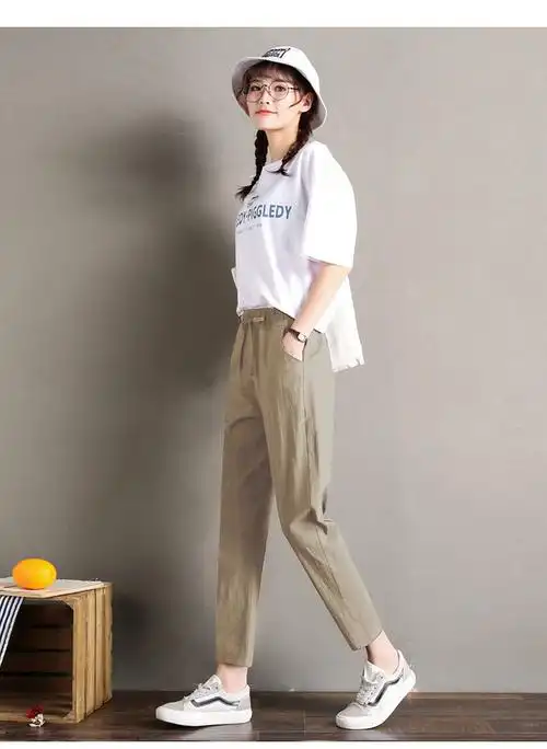 棉哈伦裤女夏季薄款休闲直筒九分小脚裤韩版百搭宽松显瘦萝卜裤卡其色