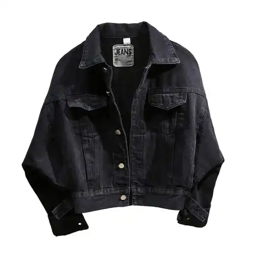 春秋季韩版宽松牛仔外套女百搭蝙蝠袖黑色牛仔衣夹克短外套上衣潮