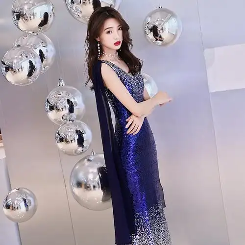 主持人晚礼服女2021新款宴会优雅演出长款亮片鱼尾裙端庄大气