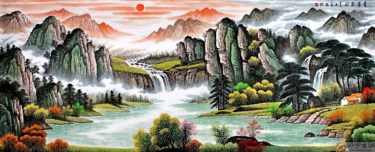 宁良成小八尺风水画《宝潭聚财》 - 写意山水画 - 99字画网