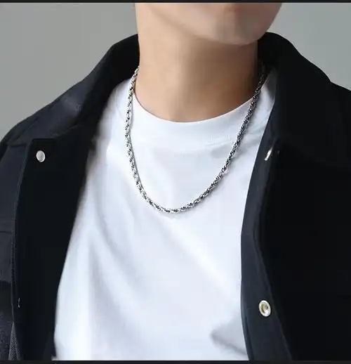 罗泰老银匠男士复古个性麻绳项链925银麻花项链男潮嘻哈欧美银链50