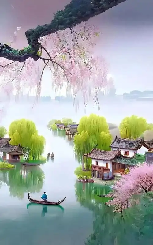 烟柳画桥,小舟绿水,流水潺潺……这是一幅春之画卷烟雨江南美如画小桥