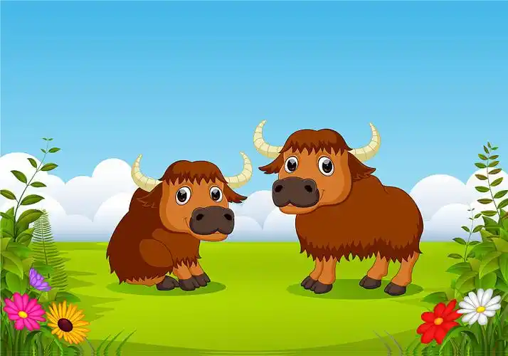 两只棕色的大野牛在绿色的田野里玩耍图片