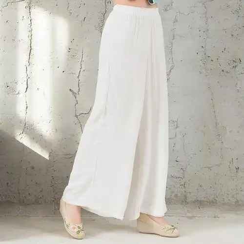 民族风棉麻裤子女款亚麻九分双层不透宽松纯色文艺女裤直筒阔腿裤