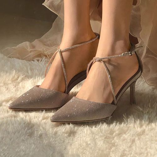 水钻高跟鞋2022年春新款一字式扣带细尖头仙女罗马凉鞋