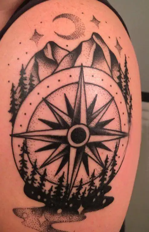 手臂上黑灰素描点刺技巧文艺风景纹身图案作品图案大全和纹身手稿欣赏