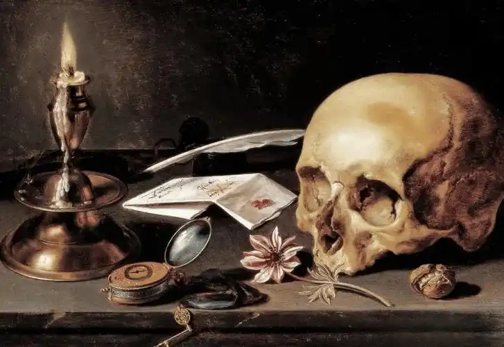 如果你细微留意,就发现静物画最常出现的元素,那肯定是骷髅头,呆瓜似