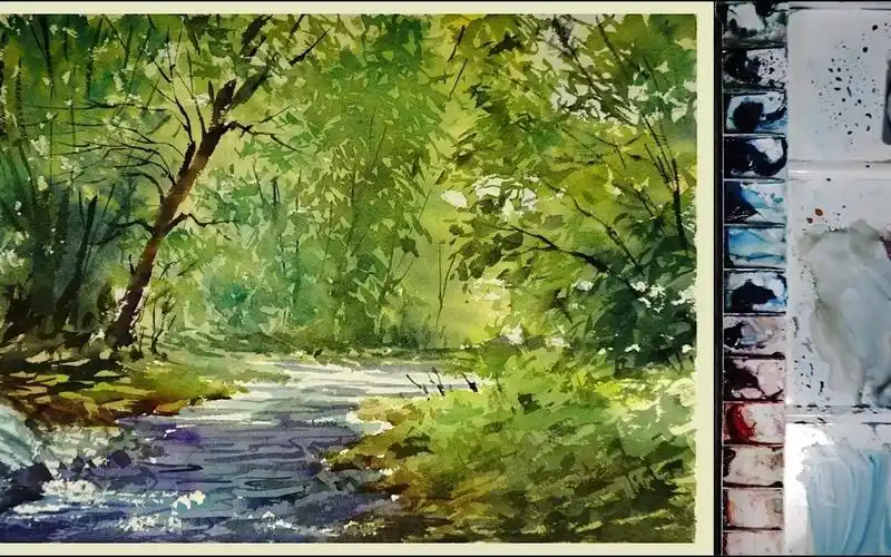 水彩山水画-森林溪流