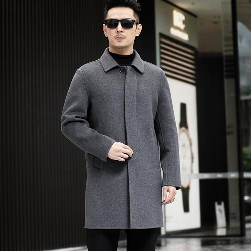 中年商务公务员羊毛风衣秋冬款毛呢外套加厚双面羊绒大衣男中长款