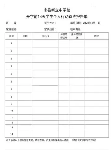 开学前14天学生行动轨迹记录表