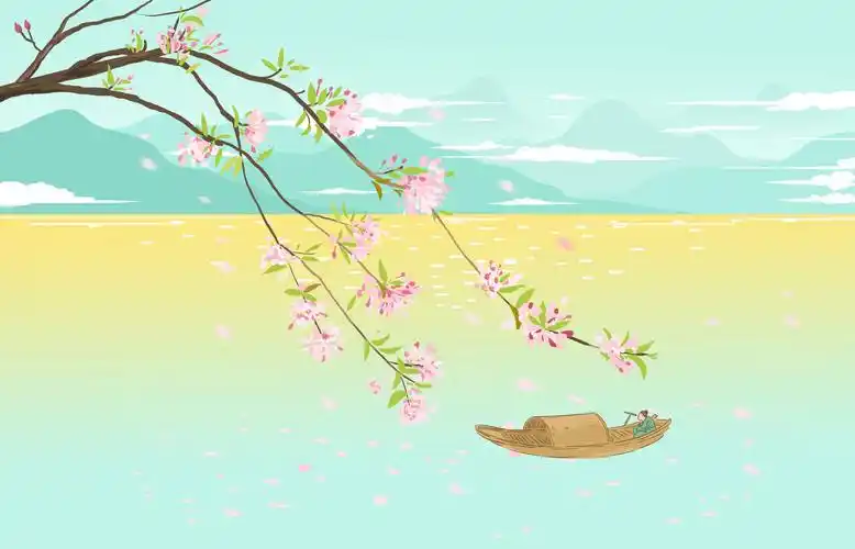 中国风仿古青绿山水画中国画水墨风桃花古风湖景风景唯美背景插画