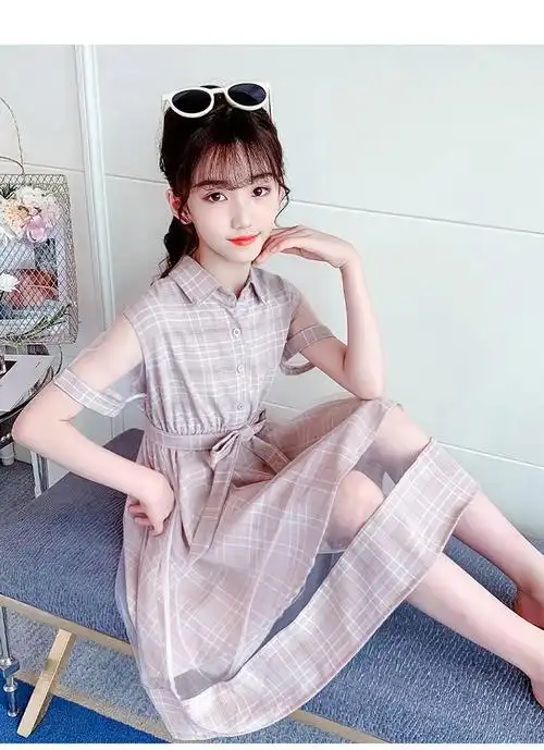 女童夏季连衣裙适合5-15岁女生穿的翻领格子裙儿童中大童款甜美洋气
