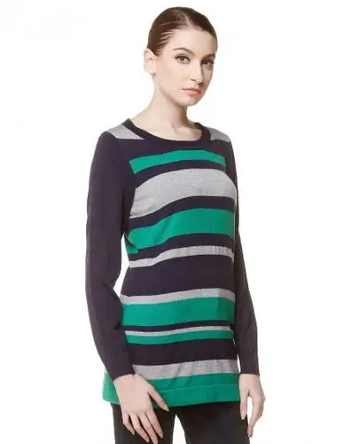 藏青/绿色圆领条纹长袖长款针织衫