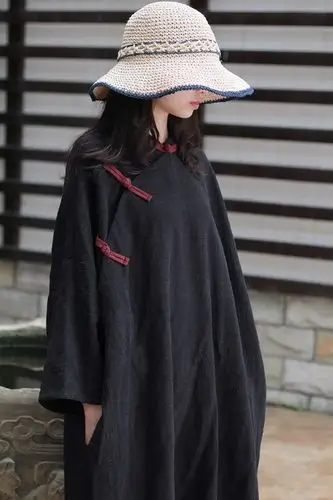 秋装 苎麻中式盘扣粗麻袍子禅意复古宽松连衣裙长裙大码190701