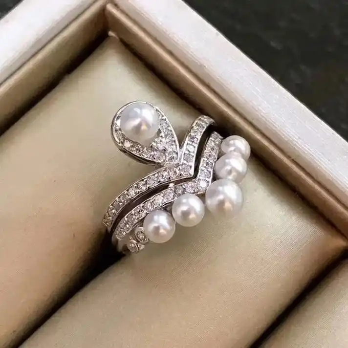 杨颖同款天然淡水珍珠纯银双层戒指3-4mm  - 抖音