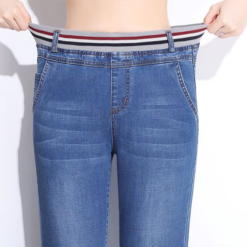 甲馆夏天中老年牛仔裤女夏季松紧腰妈妈穿的裤子女高腰宽松女裤中年大