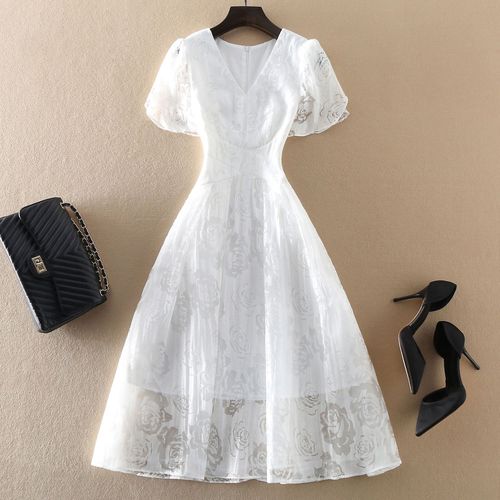 高端气质女装时尚白色晚礼服女夏修身收腰显瘦中长款大摆短袖裙子