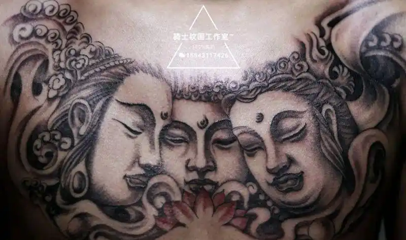 三面佛上色纹身图片_胸部传统肖像宗教成品纹身图案