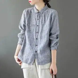 wvirtje棉麻女装亚麻高档上衣苎麻女品牌复古条纹立领衬衫2023春季