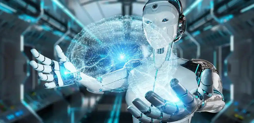 模糊背景下的白种人人形创造人工智能3d 渲染美好未来