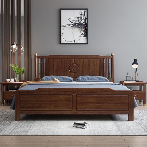 新中式12m卧室婚床家具轻奢胡桃木双人床18米木床实木床