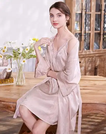 100%桑蚕丝睡衣简单大气真丝丝绒品质奢华长款睡袍(单袍)