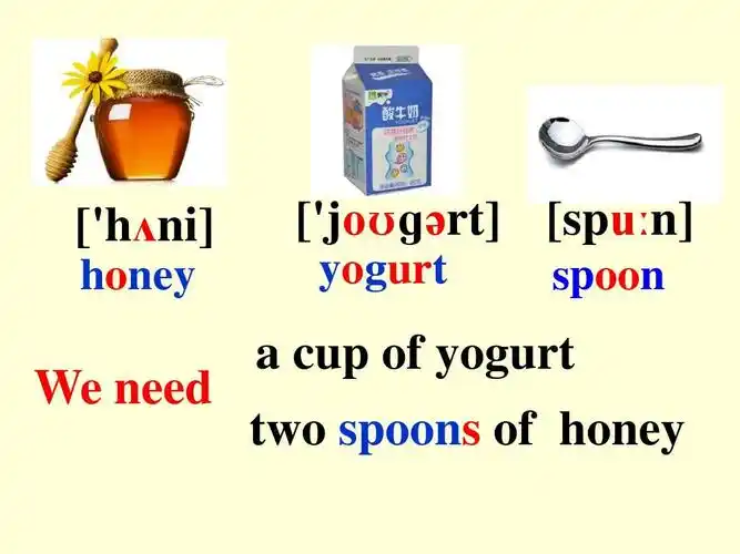 [h ni] honey [jo ɡ rt] [spu n] yogurt spoon we need   cup of