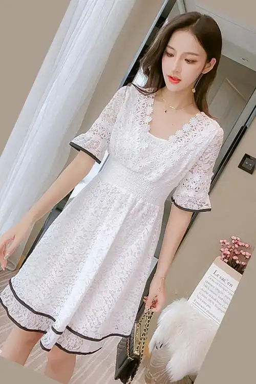 2019新款夏装短裙蕾丝仙女连衣裙夏季百搭气质时尚夏装连体裙